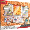 Coffret Dracaufeu ex Collection Premium du JCC Pokémon EV 03. C'est un coffret rouge et blanc avec des textures, contenant des boosters du jeu de cartes à collectionne Pokémon et des cartes et accessoires à L'effigie de Dracaufeu