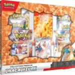 Coffret Dracaufeu ex Collection Premium du JCC Pokémon EV 03. C'est un coffret rouge et blanc avec des textures, contenant des boosters du jeu de cartes à collectionne Pokémon et des cartes et accessoires à L'effigie de Dracaufeu
