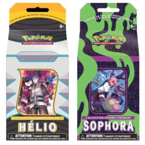 Coffret tournoi Premium Hélio & Sophora est un coffret en forme de brique de lait du JCC Pokémon de la série Epée et Bouclier en français. Il y a deux boîtes sur l'image : la première avec une fille appelée Sophora, la boîte est noir, verte et violette. La second avec un personnage masculin appelé Hélio est jaune, bleue, blanche et noir. Les coffrets contiennent des accessoires et des boosters du TCG Pokémon série Sword & Shield. Ici on voit les boîtes de face.