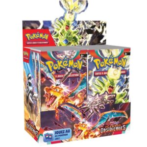 Display Pokémon Flemmes Obsidiennes EV03 36 Boosters est une boite contenant des boosters du TCG Pokémon. Il y a 36 boosters dans la boîte, rangés verticalement sur deux colonnes. La boîte est composée de plusieurs couleurs: bleu, violet, orange, jaune, blanc, rose, vert et rouge. Il y a des personnages Pokémons représenté au milieu d'un décor stellaire.