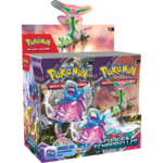 Display Pokémon Forces Temporelles EV05 36 Boosters est une boite contenant des boosters du TCG Pokémon. Il y a 36 booster dans la boîte, rangés verticalement sur deux colonnes. La boîte est composée de plusieurs couleurs: bleu, violet, jaune blanc, rose, vert et rouge. Il y a des personnages Pokémons représenté au milieu d'un décor stellaire.