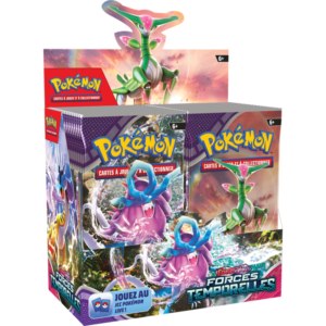 Display Pokémon Forces Temporelles EV05 36 Boosters est une boite contenant des boosters du TCG Pokémon. Il y a 36 booster dans la boîte, rangés verticalement sur deux colonnes. La boîte est composée de plusieurs couleurs: bleu, violet, jaune blanc, rose, vert et rouge. Il y a des personnages Pokémons représenté au milieu d'un décor stellaire.