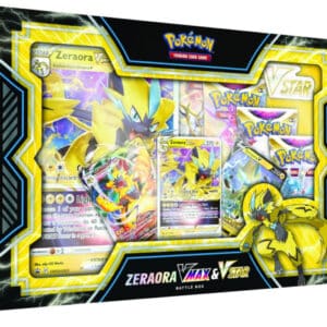 Coffret Pokémon Zeraora VMAX & VSTAR est un coffret combat Pokémon jaune, bleu et violet du jeu de cartes à collectionner Pokémon. Il est de la série Epée et Bouclier et comprend plusieurs produits. L'image centrale de la boîte est à l'effigie de Zeraora, carte promo S&S du TCG Pokémon Sword & Shield