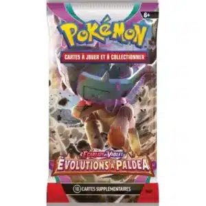 Booster Pokémon Évolutions à Paldea EV02 est un paquet contenant 10 cartes du JCC Pokémon TCG. Il y a un dessin au milieu représentant un pokémon et des écritures au-dessus "Pokémon" et "Cartes à jouer et à Collectionner" et en-dessous de ce dessin "Ecarlate et Violet" "Evolutions à Palda" "10 cartes supplémentaires". Le booster est jaune, violet, rouge, noir, bleu et marron.