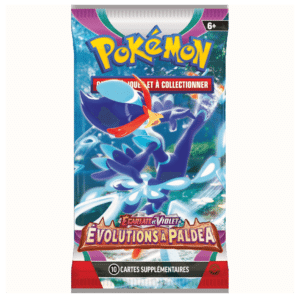 Booster Pokémon Évolutions à Paldea EV02 est un paquet contenant 10 cartes du JCC Pokémon TCG. Il y a un dessin au milieu représentant un pokémon et des écritures au-dessus "Pokémon" et "Cartes à jouer et à Collectionner" et en-dessous de ce dessin "Ecarlate et Violet" "Evolutions à Palda" "10 cartes supplémentaires". Le booster est jaune, violet, rouge, noir et bleu.