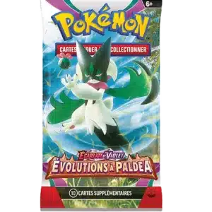 Booster Pokémon Évolutions à Paldea EV02 est un paquet contenant 10 cartes du JCC Pokémon TCG. Il y a un dessin au milieu représentant un pokémon et des écritures au-dessus "Pokémon" et "Cartes à jouer et à Collectionner" et en-dessous de ce dessin "Ecarlate et Violet" "Evolutions à Palda" "10 cartes supplémentaires". Le booster est jaune, violet, rouge, noir, bleu et vert.