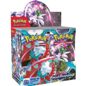 Display Pokémon Faille Paradoxe EV04 36 Boosters est une boite contenant des boosters du TCG Pokémon. Il y a 36 booster dans la boîte, rangés verticalement sur deux colonnes. La boîte est composée de plusieurs couleurs: bleu, violet, jaune blanc, rose et rouge. Il y a des personnages Pokémons représenté au milieu d'un décor stellaire.