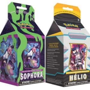 Coffret tournoi Premium Hélio & Sophora est un coffret en forme de brique de lait du JCC Pokémon de la série Epée et Bouclier en français. Il y a deux boîtes sur l'image : la première avec une fille appelée Sophora, la boîte est noir, verte et violette. La second avec un personnage masculin appelé Hélio est jaune, bleue, blanche et noir. Les coffrets contiennent des accessoires et des boosters du TCG Pokémon série Sword & Shield. Ici on voit les boîtes de profil.