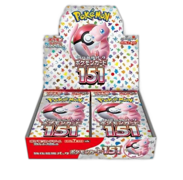 Display Pokémon 151 EV3.5 20 Boosters - SV2a Japonais est un display de cartes Pokémon TCG. Cette boîte est rose, blanche rouge et jaune avec des dessins des 151 premiers Pokémon. dont mew est représenté en gros. Il y a des écritures en japonais et le nombre 151.