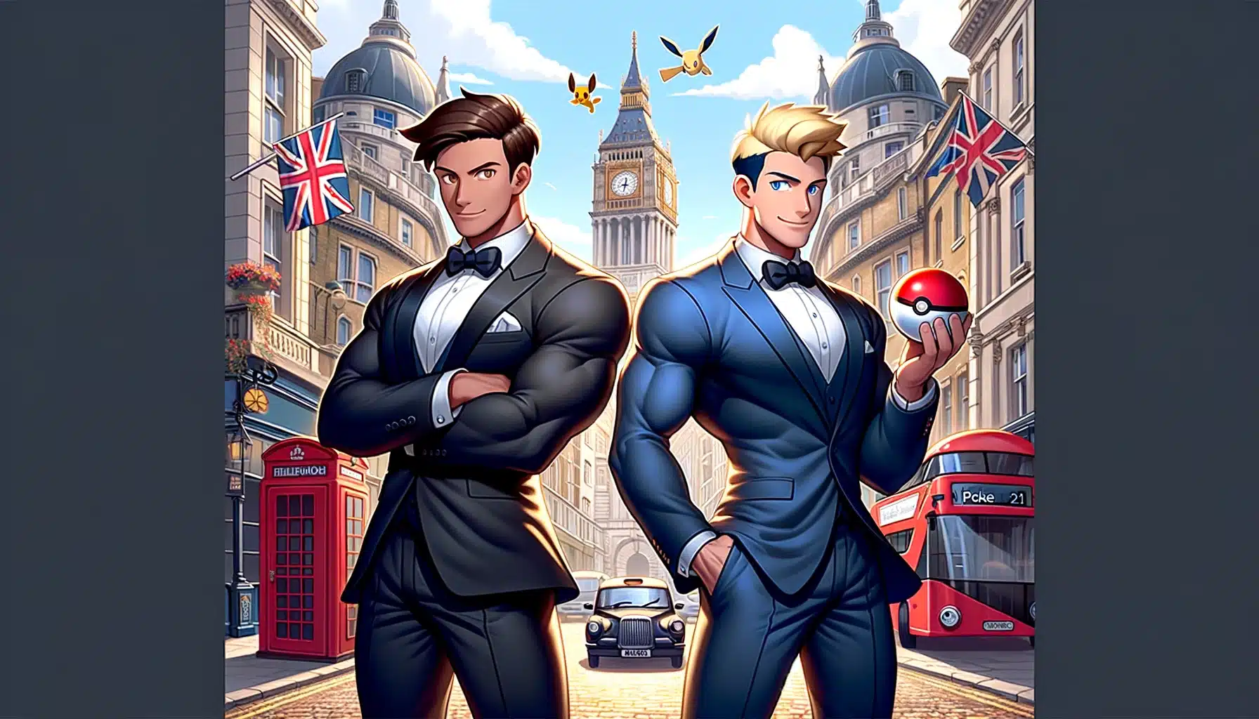 Image dans laquelle on voit deux personnages, un brun et un blon, en costumes avec une pokéball à la main dans un décor faisant penser à Londres avec les monuments, les cabines téléphoniques et les bus à 2 étages. Il y a 2 drapeaux du UK