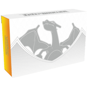Coffret_DRACAUFEU_ULTRA_PREMIUM_COLLECTION_EPEE_et_BOUCLIER_Anglais_est un coffret du JCC Pokémon à l'effigie de dracaufeu. Il est blanc et jaune