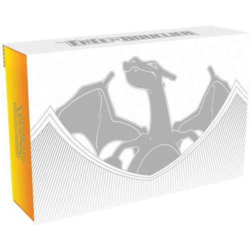 Coffret_DRACAUFEU_ULTRA_PREMIUM_COLLECTION_EPEE_et_BOUCLIER_Anglais_est un coffret du JCC Pokémon à l'effigie de dracaufeu. Il est blanc et jaune