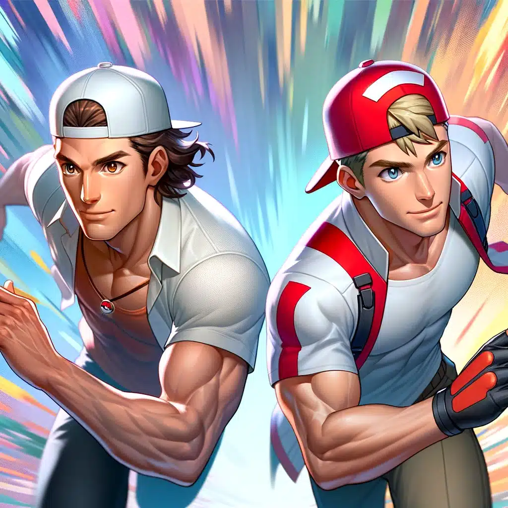 Qui sommes-nous? Il y a deux personnages sur l'image qui court. A gauche l'un est habillé d'une chemise blanche avec un collier en forme de Pokéball, une casquette blanche et des yeux marrons. A droite le personnage a un t-shirt blanc et rouge, on devine un sac à dos. Il a les yeux bleus et une casquette rouge.