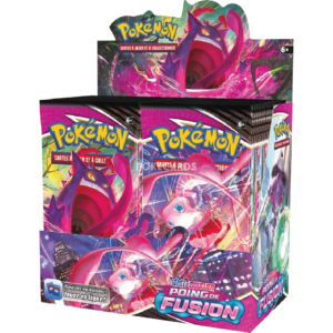 Display Pokémon Épée et Bouclier EB08 36 Boosters - Poing de Fusion est une boîte de boosters du JCC Pokémon TCG. Il contient des paquets de cartes. Sur la boîte et les boosters à l'intérieur, rangés sur 2 colonnes, il y a des images. Elles représentent des pokémons emblématiques de la série. Les Pokémons et les dessins sont jaunes, bleus, violets, rouges, roses et verts