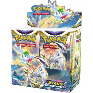 Display Pokémon Épée et Bouclier EB09 36 Boosters - Stars Étincelantes est une boîte de boosters du JCC Pokémon TCG. Il contient des paquets de cartes. Sur la boîte et les boosters à l'intérieur, rangés sur 2 colonnes, il y a des images. Elles représentent des pokémons emblématiques de la série. Les Pokémons et les dessins sont jaunes, bleus, violets, rouges, blancs, roses et verts