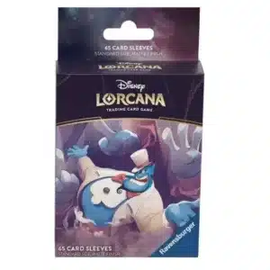 Protèges Cartes Disney Lorcana Chapitre 4 : Génie. On voit une boîte de face, contenant 65 sleeves du TCG Lorcana. La boite est à l'effigie du Génie dans Aladin. Il y a écrit "65 card sleeves" et "disney lorcana trading card game"