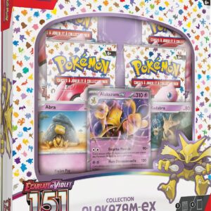 Coffret Alakazam Ex Pokémon 151 Ecarlate & Violet EV3.5 en Français. C'est un conffret de cartes du JCC Pokémon, édition 151. Le coffret est violet, blanc, rouge avec en arrière fond des dessins multicolores de tous les 151 premiers pokémons. Il est à l'effigie d'Alakazam