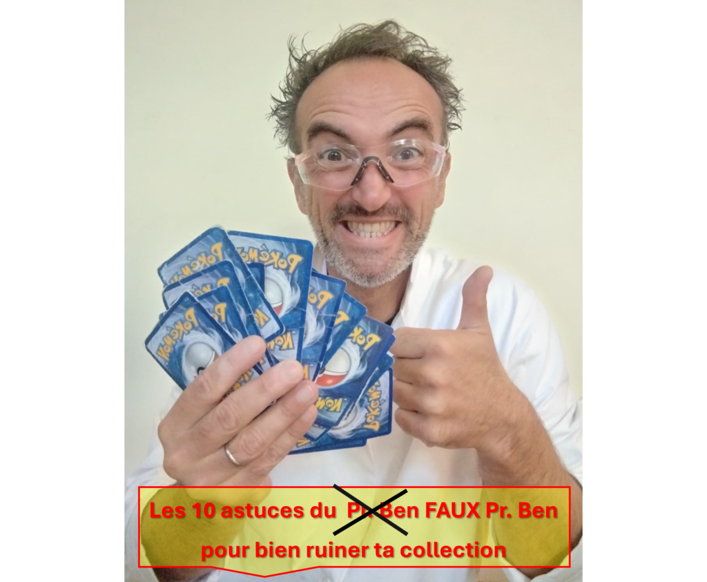 On voit un savant fou avec des lunettes ayant un paquet de cartes ç collectionner Pokémon dans la main.