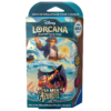 Deck Disney Lorcana Chapitre 6 : La Mer Azurite -Jim Hawkins. Il s'agit d'une boîte contenant un deck de démarrage du TCG Lorcana. Il est bleu, rouge et jaune, on y voit les personnages de tigrou et de Jim Hawkins en mer. Il y a écrit et hau et en bas, deck de démarrage pour 1 joueur. En haut: Disney Lorcana Trading card game et en bas : la mer azurite.