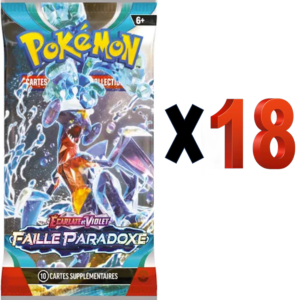 Boosters Faille Paradoxe -18- Demi-Display EV04. On y voit un paquet de cartes bleu, violet et rouge. C'est un booster du jeu de cartes Pokémon. Il y en a 18 dans l'offre.