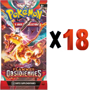 Représente un booster du Jeu de Cartes à collectionner Pokémon de l'édition écarlate et violet flemmes obsidiennes. On voit un dragon orange en crystal : dracaufeu. Le paquet de cartes est violet et rouge avec des inscriptions dessus.