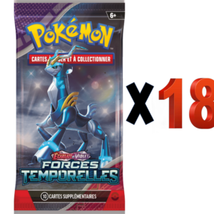 Boosters Forces Temporelles -18- Demi Display EV05. On y voit un paquet de cartes bleu, violet et rouge. C'est un booster du jeu de cartes Pokémon. Il y en a 18 dans l'offre.