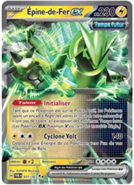 Image représentant une carte du jeu de cartes à collectionner pokémon. Elles est grise, jaune et verte et représentent monstre pokemon. Il y a des textes en bas des cartes mentionnant leur capacité dans les parties de jeu du TCG pokémon.