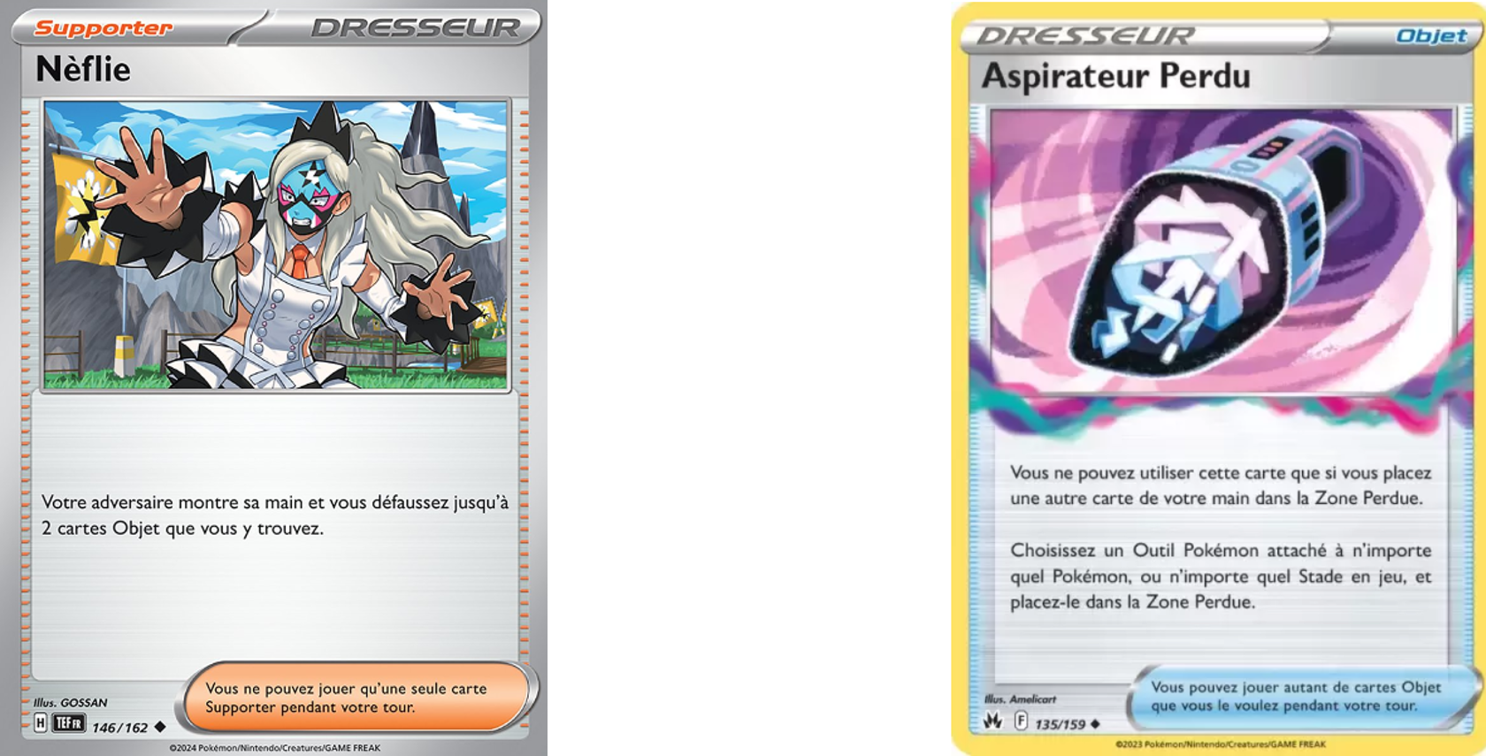 Image représentant deux cartes du jeu de cartes à collectionner pokémon. Elles sont grises, jaunes et violettes et représentent un aspirateur et une femme les mains en avant. Il y a des textes en bas des cartes mentionnant leur capacité dans les parties de jeu du TCG pokémon.