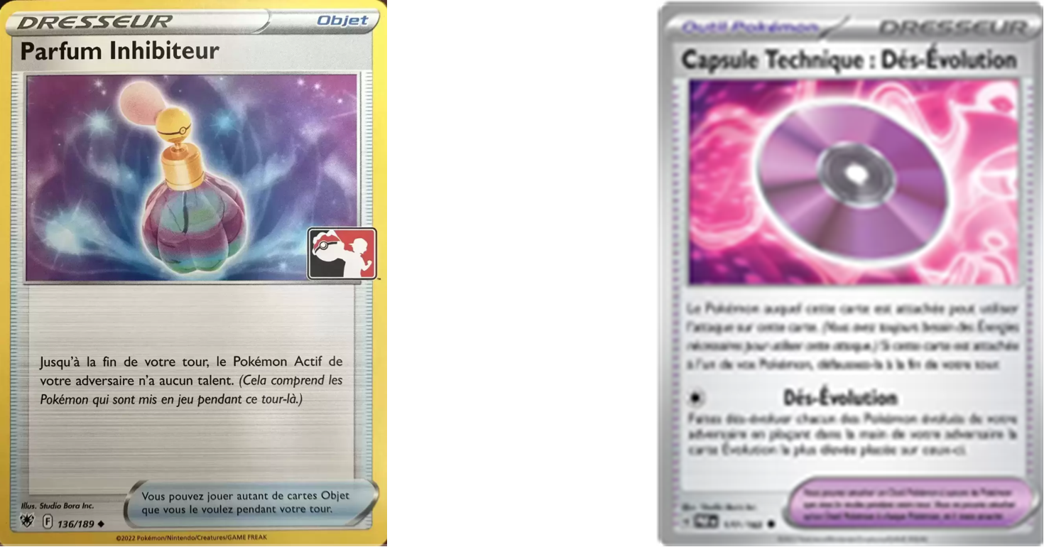 Image représentant deux cartes du jeu de cartes à collectionner pokémon. Elles sont grises, jaunes et violettes et représentent un flacon de parfum et un cd rom violet. Il y a des textes en bas des cartes mentionnant leur capacité dans les parties de jeu du TCG pokémon.