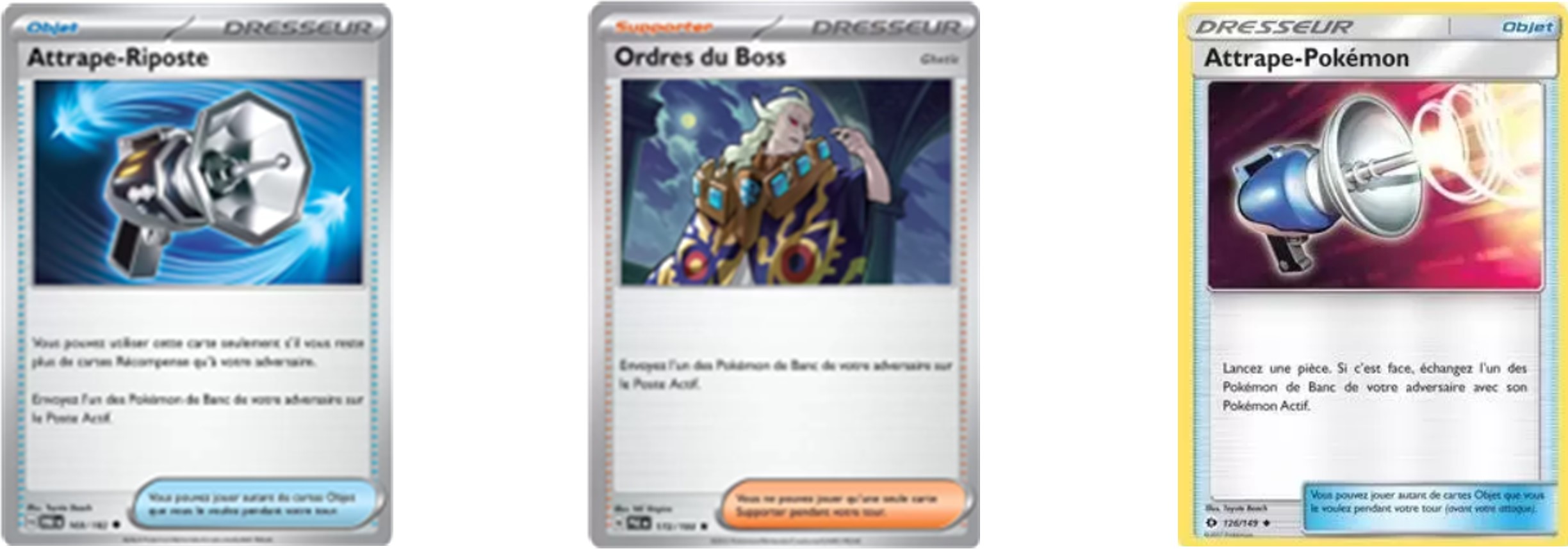Image représentant trois cartes du jeu de cartes à collectionner pokémon. Elles sont grises, jaunes, bleues et rouges et représentent un personnage au centre donnant un ordre et deux mégaphones sur les cartes des extrémités. Il y a des textes en bas des cartes mentionnant leur capacité dans les parties de jeu du TCG pokémon.