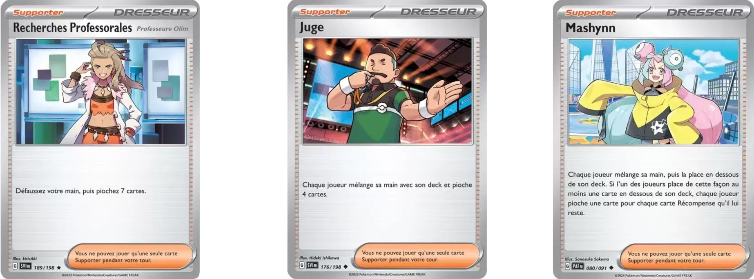 Image représentant trois cartes du jeu de cartes à collectionner pokémon. Elles sont grises, jaunes, bleues et vertes et représentent des personnages deux femmes et un arbitre sifflant dans un sifflet. Il y a des textes en bas des cartes mentionnant leur capacité dans les parties de jeu du TCG pokémon.