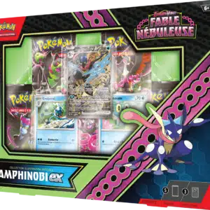 Coffret Amphinobi ex Collection Illustration spéciale EV 6.5 Fable Nébuleuse. On voit le coffret du jeu de cartes à collectionner pokémon de face. Il y a le Pokémon Amphinobi illustré en gros à droite du coffret et ses cartes évolutions à l'intérieur. Il y a écrit Pokémon, Fable Nébuleuse et collection illustration spéciale Amphinobi ex dessus.