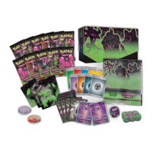 ETB EV6.5 Coffret Dresseur D'Elite - Pokémon Fable Nebuleuse - FR. Vue éclatée de l'intérieur du coffret pokémon. On voit le contenu du coffret, il y a des paquets de cartes, des cartes du TCG, des dès et des jetons. Les couleurs sont le vert, le violet et le noir.