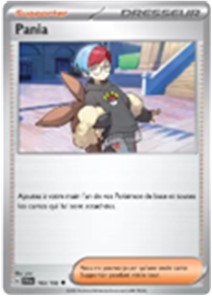 Image représentant une carte à jouer du jeu de cartes à collectionner pokémon. Elle est grise, bleue et violette et représente une fille cachant un pokemon derrière son dos. Il y a un texte en bas de la carte détaillant sa capacité dans les parties de jeu du TCG pokémon.