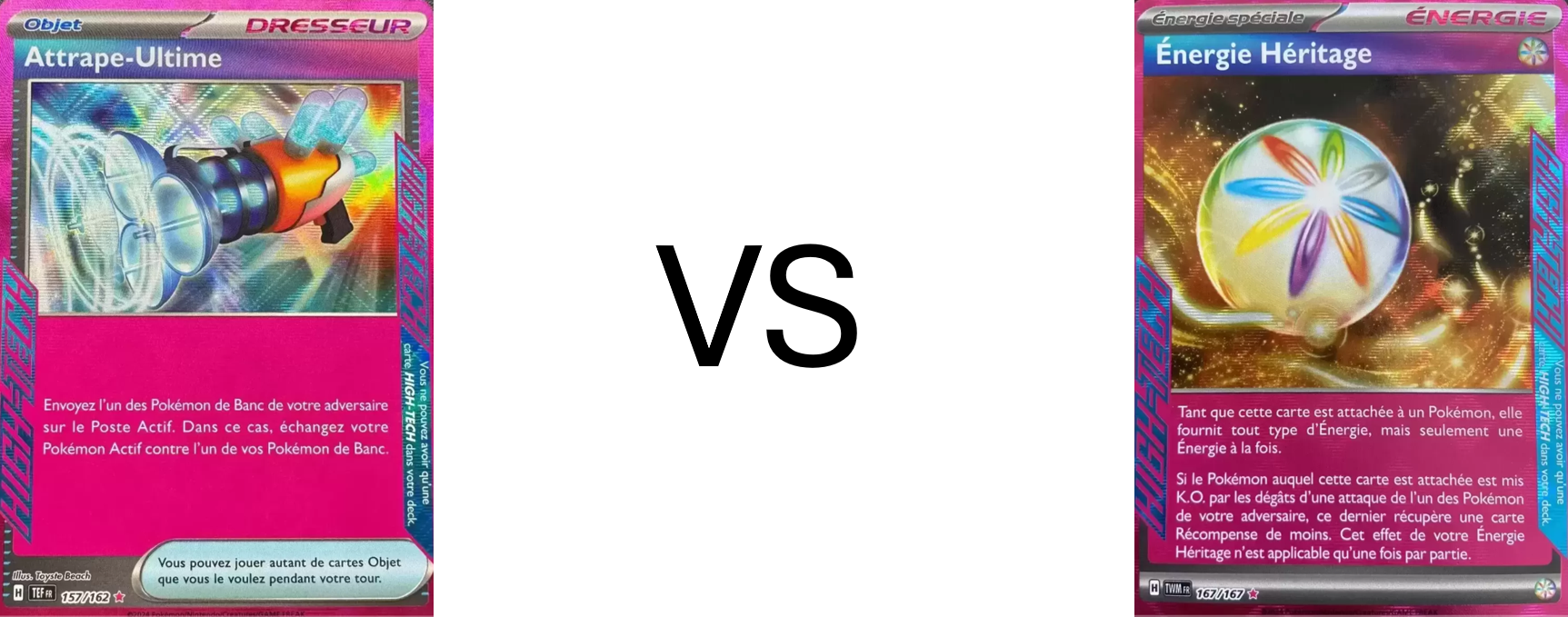 Image représentant deux cartes du jeu de cartes à collectionner pokémon. Elles sont grises, jaunes, bleues et violettes. Elles représentent un mégaphone et une boule d'énergie Il y a des textes en bas des cartes mentionnant leur capacité dans les parties de jeu du TCG pokémon.