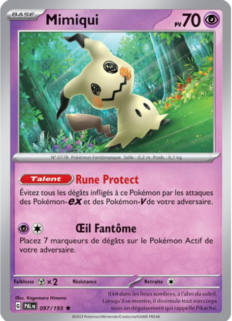 image d'une carte du jeu de cartes à collectionner pokémon de teracristal. Elle est grise avec des étoiles. Elle représente un pokémon. Elle est violette et grise. Il y a un texte décrivant les capacité du pokémon dans le tcg pokémon jcc.
