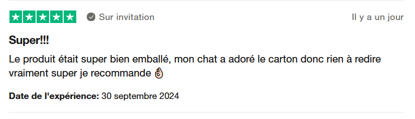 Il s'agit d'une image dans laquelle se trouve un avis laissé par un client via trustpilot. Il y a cinq étoiles vertes, la note maximale et il est écrit : "Super !! Le produit était super bien emballé, rien à redire, vraiment super je recommande". La commande date du 30 septembre 2024.