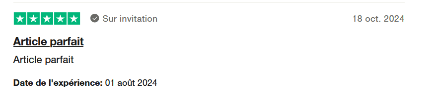 Avis client numéro 6. Il s'agit d'une image où l'on peut lire un des avis clients vérifiés par Trustpilot. Il y a cinq étoiles vertes, la note maximale. Il est écrit "article parfait". L'avis date du 18 octobre 2024 et l'achat a eu lieu sur le site le 01 août 2024.