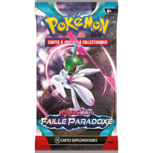booster faille paradoxe Pokémon ev4. On y voit un paquet de cartes bleu, violet et rouge. C'est un booster du jeu de cartes Pokémon. Il y en a 1 dans l'offre.
