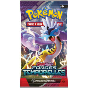 Booster Forces Temporelles Pokémon ev5. On y voit un paquet de cartes bleu, violet et rouge. C'est un booster du jeu de cartes Pokémon. Il y en a 1 dans l'offre.