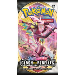 Booster Clash des Rebelles Pokémon EB2. Paquet de cartes du TCG pokémon du bloc épée et bouclier. L'image sur le blister représente un pokémon rose jaune et vert. Il y a écrit "Pokémon jeu de cartes à collectionner""Épée et Bouclieré "Clash des Rebelles" "10 cartes supplémentaires".