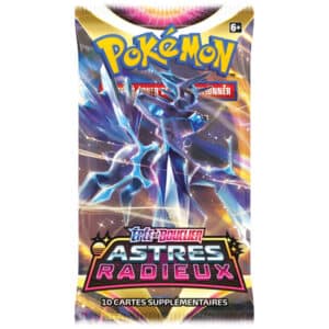 Booster astres radieux Pokémon eb10. Paquet de cartes du TCG pokémon du bloc épée et bouclier. L'image sur le blister représente un pokémon blanc, bleu et violet "dialga". Il y a écrit "Pokémon jeu de cartes à collectionner""Épée et Bouclieré "Astres Radieux" "10 cartes supplémentaires".