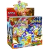 Display étincelles déferlantes Pokémon EV08 36 Boosters. L'image représente une boite de boosters Pokémon. Elle en contient 36 et est représentée ouverte. On y distingue les Pokemons Pikachu et Noadkoko dans leur forme téracristal. La boîte est bleue, violette, jaune, verte et orange. On y distingue les textes suivants "Ecarlate et violet" "Etincelles Déferlantes" "jouez au JCC POKÉMON LIVE !"