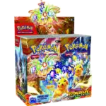 Display étincelles déferlantes Pokémon EV08 36 Boosters. L'image représente une boite de boosters Pokémon. Elle en contient 36 et est représentée ouverte. On y distingue les Pokemons Pikachu et Noadkoko dans leur forme téracristal. La boîte est bleue, violette, jaune, verte et orange. On y distingue les textes suivants "Ecarlate et violet" "Etincelles Déferlantes" "jouez au JCC POKÉMON LIVE !"