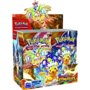 Display étincelles déferlantes Pokémon EV08 36 Boosters. L'image représente une boite de boosters Pokémon. Elle en contient 36 et est représentée ouverte. On y distingue les Pokemons Pikachu et Noadkoko dans leur forme téracristal. La boîte est bleue, violette, jaune, verte et orange. On y distingue les textes suivants "Ecarlate et violet" "Etincelles Déferlantes" "jouez au JCC POKÉMON LIVE !"