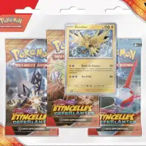 Tripack étincelles déferlantes Pokémon Ev8. Il s'agit d'une pochette carton plastifiée transparente sur le devant. Cet item du TCG Pokémon contient 3 boosters de la nouvelles extension EV8 Etincelles Déferlantes. En plus des trois blisters il y a une carte promo, celle-ci représente le pokémon Electhor. Les paquets de cartes sont oranges, bleus et rouges. Il y a écrit "Pokémon cartes à jouer et à collectionner" "Etincelles Déferlantes" "10 cartes supplémentaires"