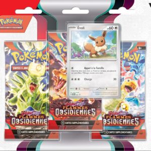 Tripack flemmes obsidiennes Pokémon EV03. Il s'agit d'une pochette carton plastifiée transparente sur le devant. Cet item du TCG Pokémon contient 3 boosters de la nouvelles extension EV3 Flemmes Obsidiennes. En plus des trois blisters il y a une carte promo, celle-ci représente le pokémon Évoli. Les paquets de cartes sont oranges, bleus et rouges. Il y a écrit "Pokémon cartes à jouer et à collectionner" "Flammes Obsidiennes" "10 cartes supplémentaires"