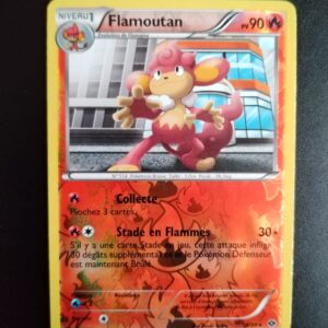 Flamoutan (reverse) 16/99. Carte du TCG Pokémon issue de la série Destinées Futures bloc Noir et Blanc (NB04), parue le 24/03/2012. Carte Pokémon Niveau 1 de type Feu, évolution de Flamajou, Rare. Illustrateur: Kouki Saito. L'illustration représente une sorte de petit singe rouge dans un paysage urbain, posant sur le bitume dos à de grands immeubles vitrés.