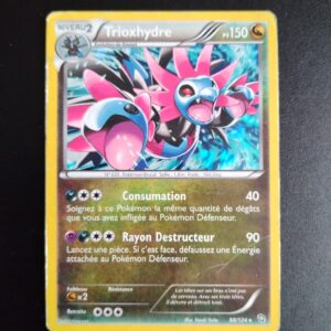 Trioxhydre (holo) 98/124. Carte du TCG Pokémon issue de la série Dragons Exaltés bloc Noir et Blanc (NB06), parue le 10/11/2012. Carte Pokémon Niveau 2 de type Dragon, évolution de Diamat, Rare. Illustrateur: Naoki Saito. L'illustration représente une hydre à trois têtes de couleurs bleue, rose et noire.