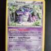Nidoking 45/114. Carte du TCG Pokémon issue de la série Offensive Vapeur du bloc XY (XY11, XY: Offensive Vapeur), parue le 16/08/2016. Carte Pokémon de Niveau 2 de type Psy, évolution de Nidorino. Rare. Illustrateur: Mina Nakai. L'illustration représente une énorme créature violette bipède ressemblant à un rhinocéros avec des dents pointues qui sort d'une carverne.